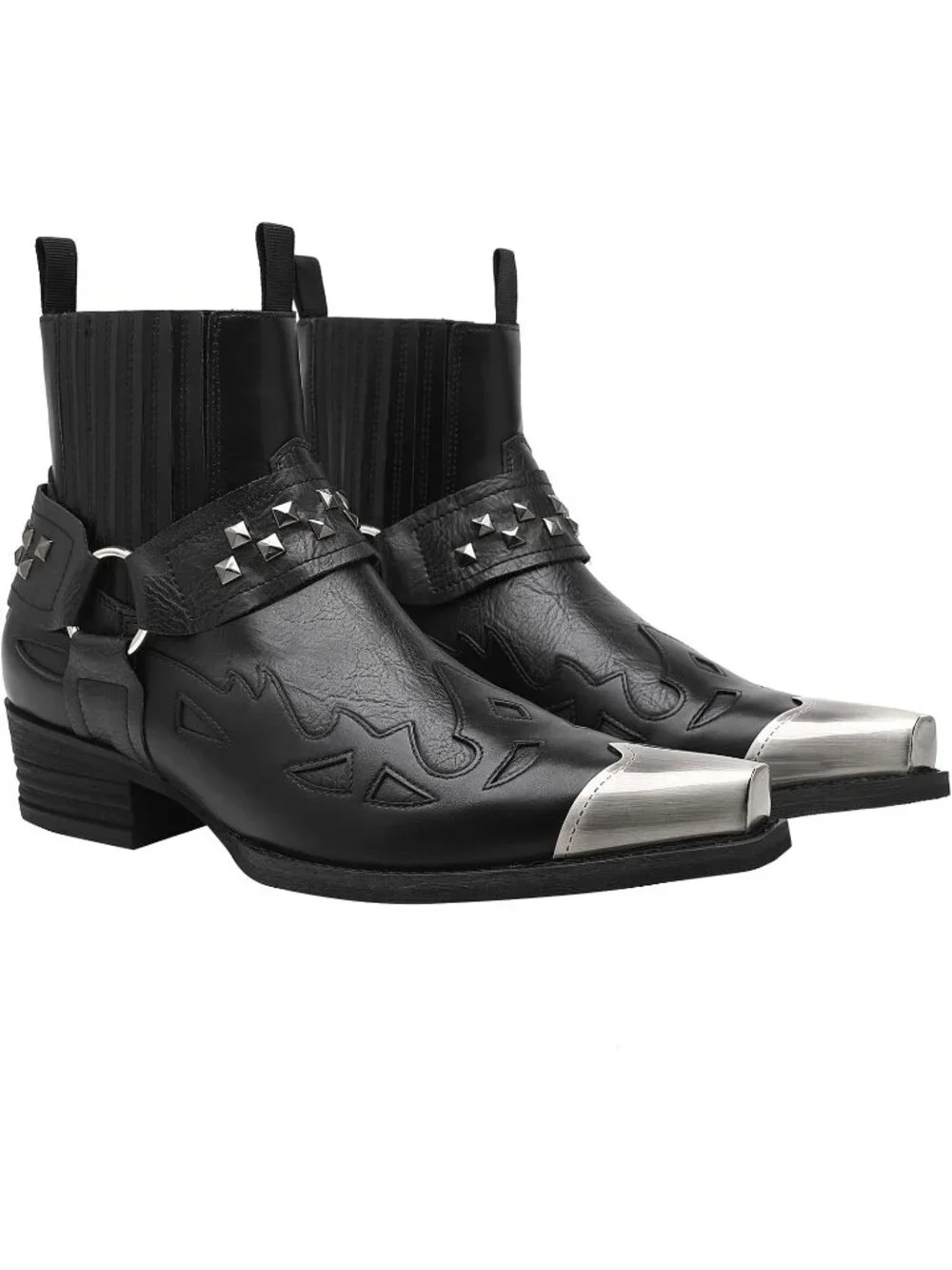 🆕Men's Black Western Chelsea Boots Studded Metal Toe Ankle Boots